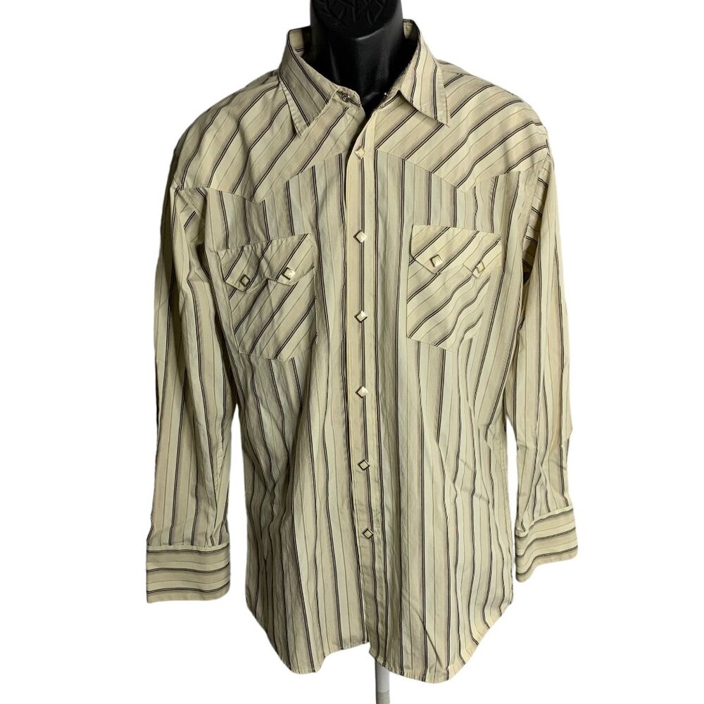Vintage 90s Maxini Pearl Snap Western Shirt L Beige Stripes Pockets Long Sleeves